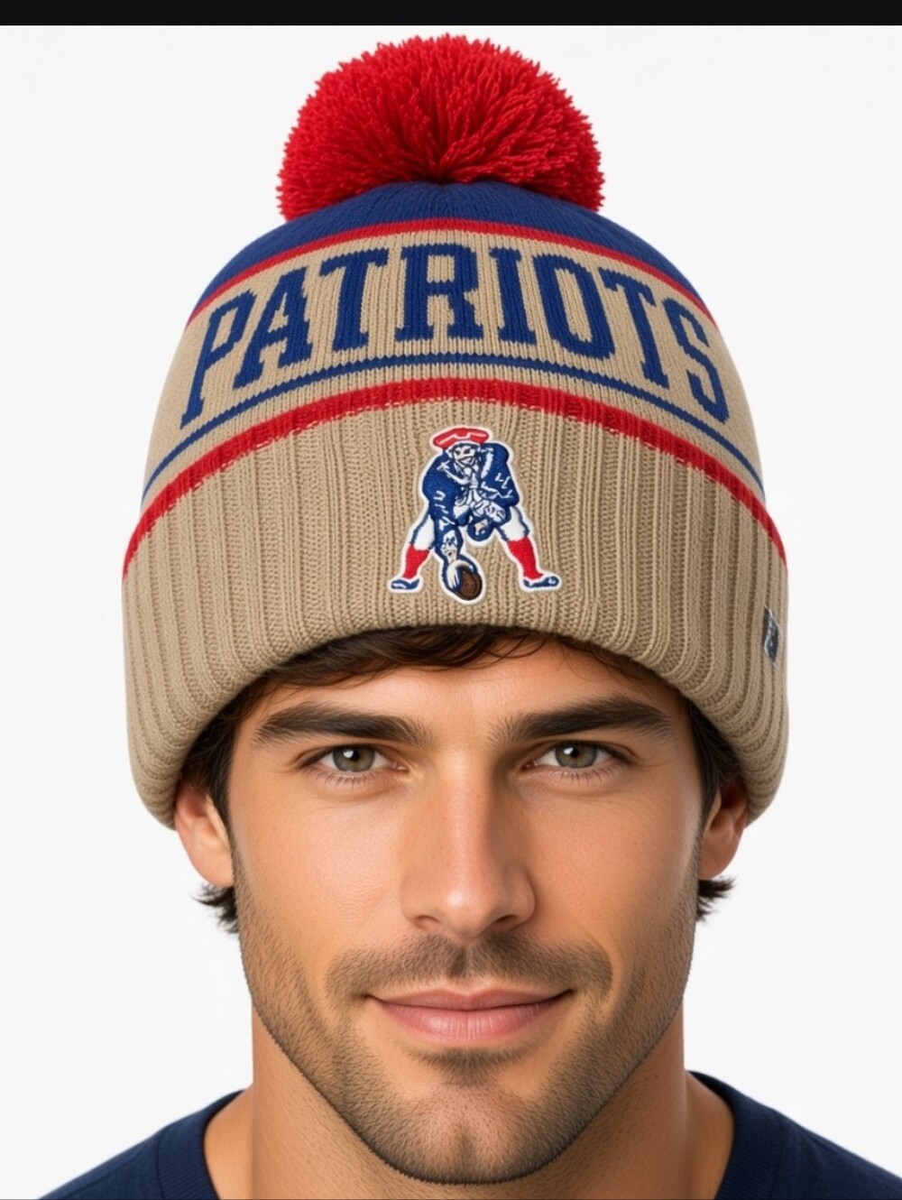 New Nfl New England Patriots Tan Red Pom Beanie Hat - Official Team Knit